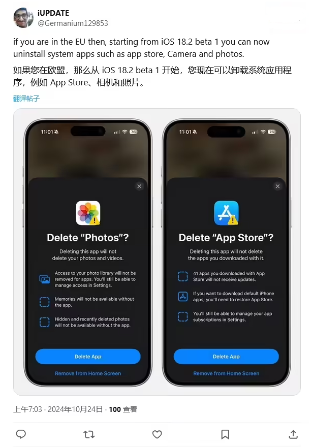 岑巩苹果手机维修分享iOS 18.2 支持删除 App Store 应用商店 