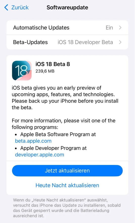 岑巩苹果手机维修分享苹果 iOS / iPadOS 18 开发者预览版 Beta 8 发布 